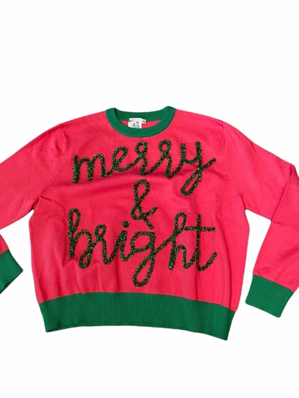 QUEEN OF SPARKLES Pink Sweater with Green Trim and Script